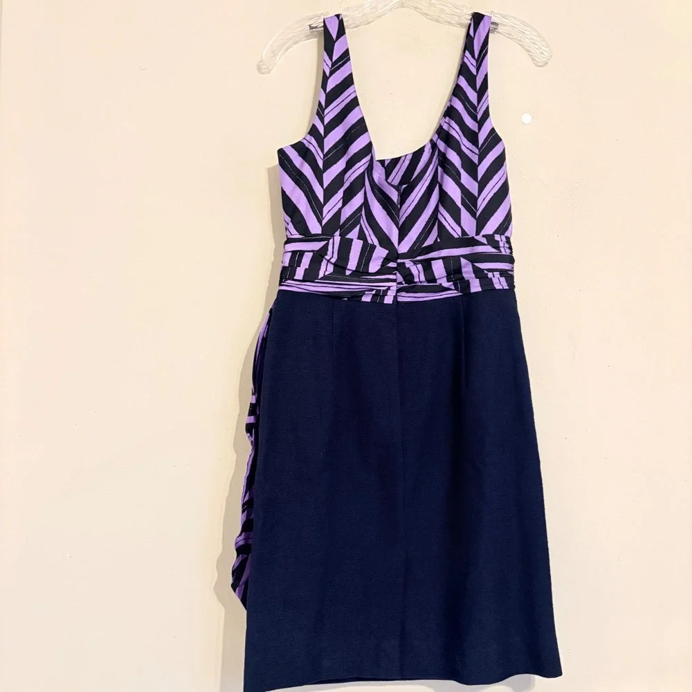 Milly Marcela Silk Purple Black Striped Sleeveless Sheath Dress Side Drape Sz 4 - Picture 11 of 15